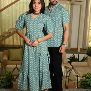 Couple Matching Green Cotton Anarkali Midi Dress and Shirt Set ? Arrow Print