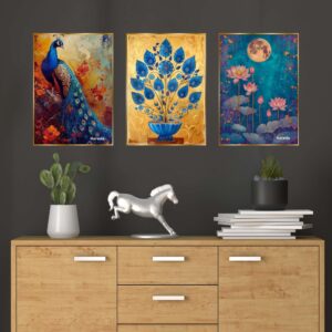 Set of Three Wall Paintings for Wall Dacoration Golden Framed Wall Paintings for Living Room & Bedroom Wall Art for Home Decoration & Office Wall Décor (24x18 inch CH-GD3-11)